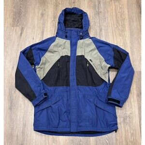 REI Elements Jacket Mens XL Blue Colorblock Hooded Vented Rain Coat